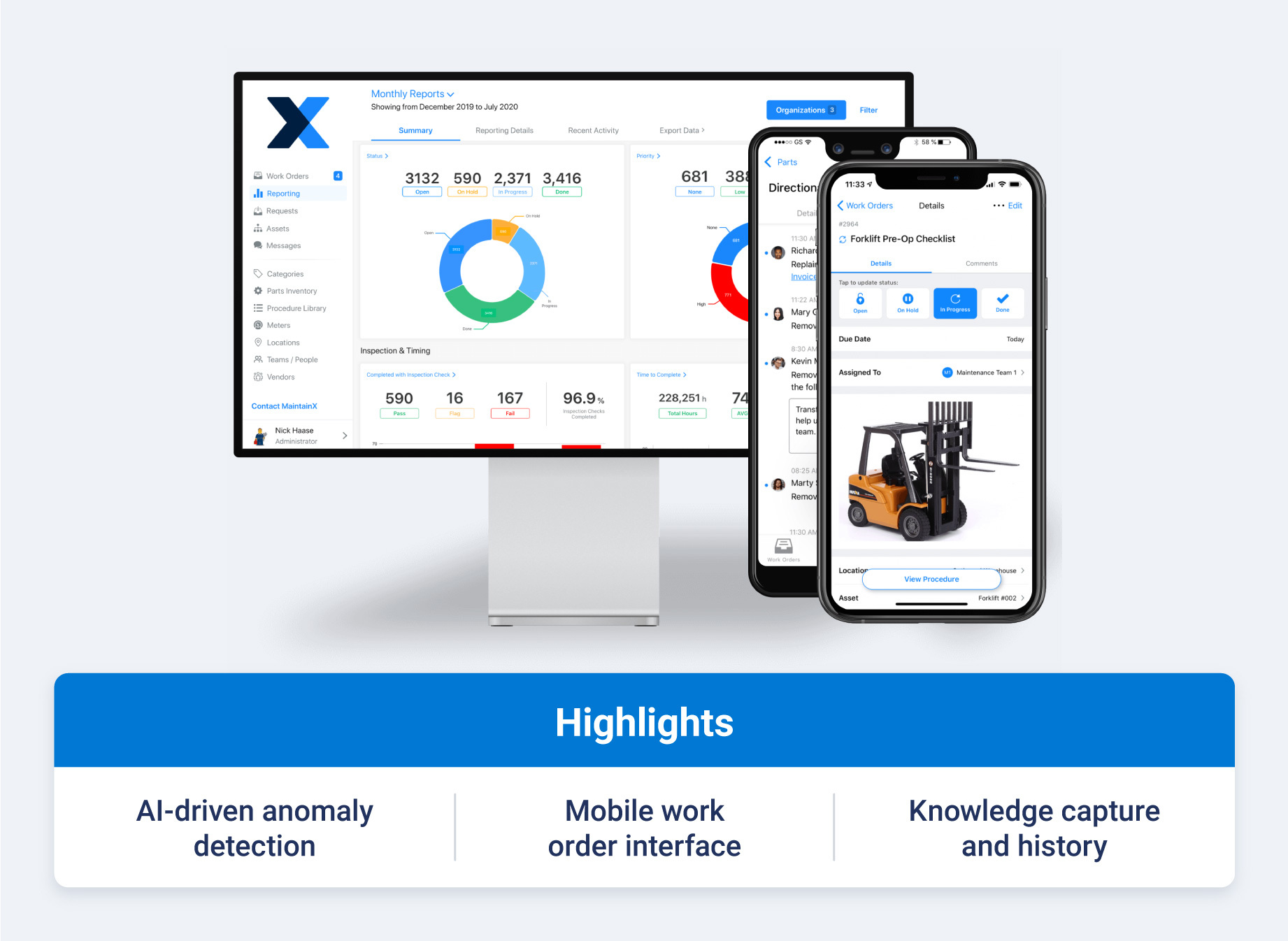 MaintainX CMMS dashboard showing mobile work order management, asset health, and AI anomaly alerts.